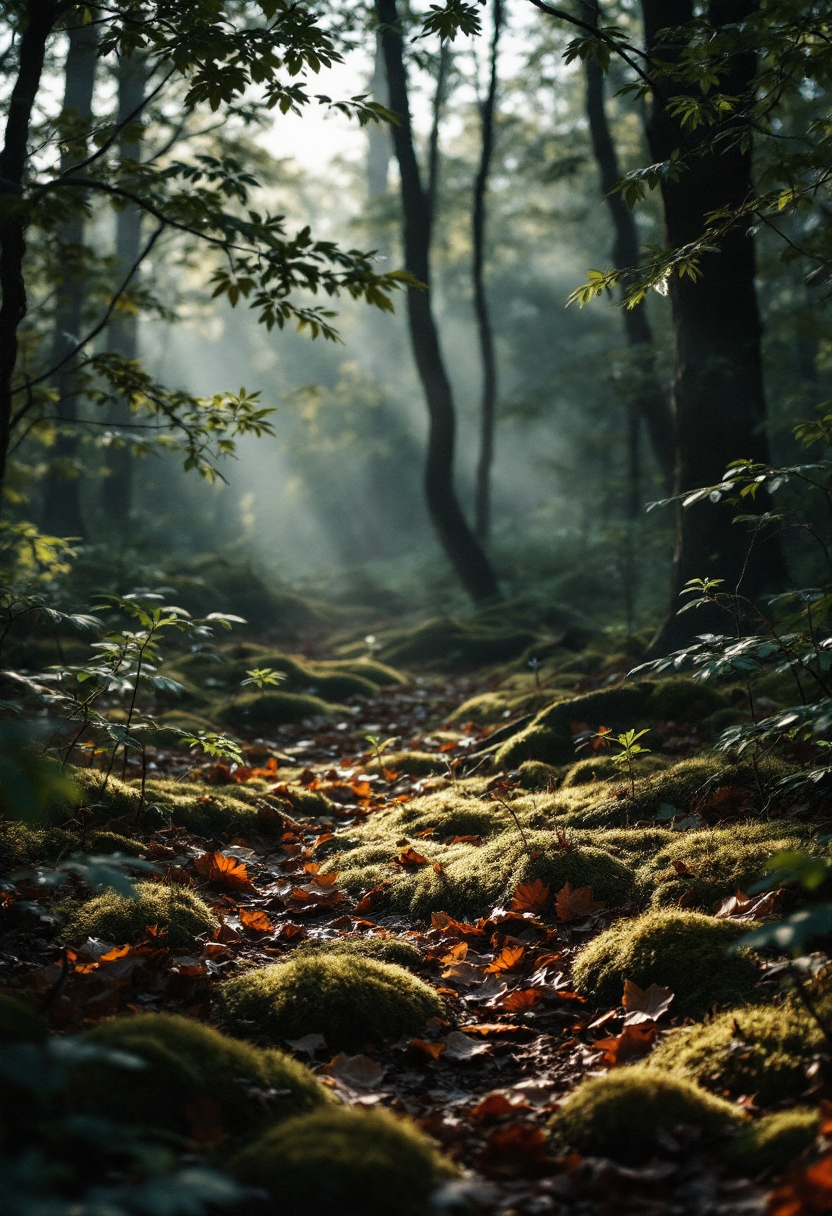 Soft dappled morning light reaching the forest floor through a canopy of leaves — komorebi