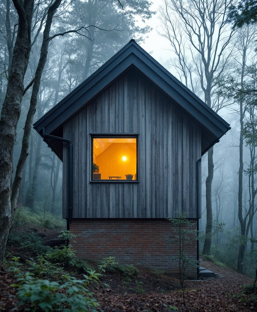 A small cedar-clad cabin in foggy Appalachian woods, a single warm window glowing — concept image of Komorebi